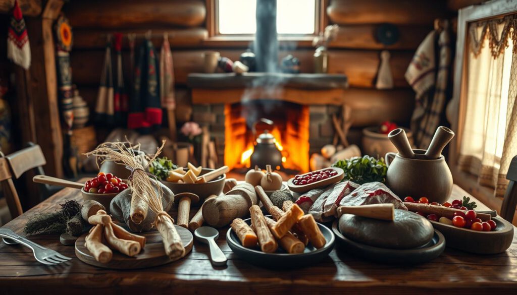 A beautifully arranged Sami kitchen scene, showcasing traditional cooking methods and ingredients. In the foreground, a wooden table laden with fresh reindeer meat, root vegetables, and berries, surrounded by intricately carved wooden utensils. In the middle, an open fireplace with a kettle simmering, casting a warm glow and creating an inviting atmosphere. The background features rustic wooden walls adorned with Sami decor, such as colorful textiles and handmade crafts. The lighting is soft and warm, mimicking the natural light of a cozy cabin, enhancing the rich colors of the food. Shot with a Sony A7R IV at 70mm, focusing sharply on the details, the scene captures the essence of the Sami culinary tradition in a serene and authentic environment. A beautifully arranged Sami kitchen scene, showcasing traditional cooking methods and ingredients. In the foreground, a wooden table laden with fresh reindeer meat, root vegetables, and berries, surrounded by intricately carved wooden utensils. In the middle, an open fireplace with a kettle simmering, casting a warm glow and creating an inviting atmosphere. The background features rustic wooden walls adorned with Sami decor, such as colorful textiles and handmade crafts. The lighting is soft and warm, mimicking the natural light of a cozy cabin, enhancing the rich colors of the food. Shot with a Sony A7R IV at 70mm, focusing sharply on the details, the scene captures the essence of the Sami culinary tradition in a serene and authentic environment.