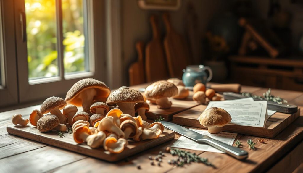 A beautifully arranged display of Swedish mushrooms on a rustic wooden table, highlighted by natural sunlight streaming in from a nearby window. In the foreground, a selection of freshly picked mushrooms, including chanterelles and porcini, are artistically placed alongside traditional Swedish recipe cards. The middle ground features culinary tools such as a knife and a cutting board, with herbs and spices scattered around to create an inviting kitchen atmosphere. The background shows a softly blurred image of a Swedish forest, with green foliage and dappled sunlight filtering through the trees. Capture this scene with a Sony A7R IV, using a 70mm lens for sharp detail and a polarized filter to enhance colors and reduce glare, evoking a warm and cozy mood of cooking and nature.