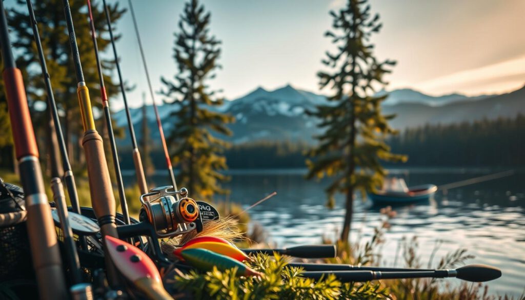 A beautifully arranged display of fishing gear suitable for angling in Sweden. In the foreground, focus on a variety of fishing rods with vibrant lures, reels, and tackle boxes. The middle ground features a tranquil Swedish lake surrounded by lush greenery and pine trees, with a small fishing boat gently bobbing on the water. In the background, snow-capped mountains and a clear blue sky complete the serene landscape. The lighting is warm and inviting, simulating the golden hour, while the image is captured with a Sony A7R IV at 70mm, showcasing sharp details and rich colors, enhanced by a polarized filter for clarity and depth. The atmosphere conveys a sense of adventure and tranquility, perfect for outdoor enthusiasts.