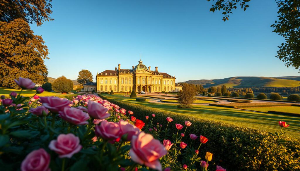 A beautifully landscaped scene of Sofiero Palace in Helsingborg, showcasing its stunning gardens. In the foreground, vibrant flowers bloom in various colors, including roses and tulips, leading up to the entrance of the palace. The middle ground features the grand architecture of Sofiero, illuminated by warm afternoon sunlight, highlighting its intricate details. In the background, rolling hills and lush greenery extend into the distance, with a clear blue sky above. The atmosphere is serene and inviting, ideal for visitors. The image is shot with a Sony A7R IV 70mm lens, clearly focused and sharply defined, using a polarized filter to enhance colors and contrast.
