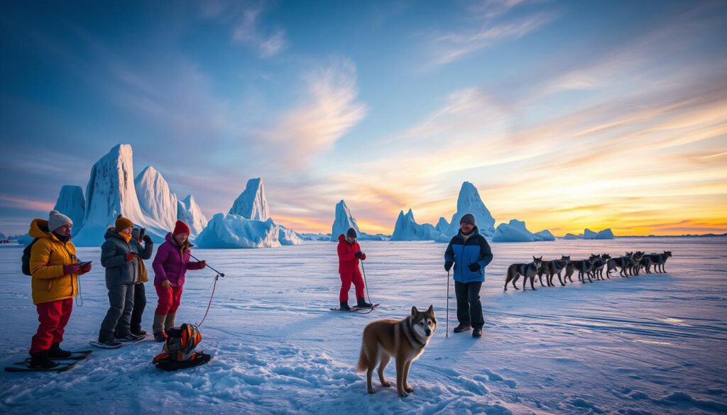 A breathtaking Arctic landscape near the Polar Circle, showcasing a vibrant scene filled with adventurous activities. In the foreground, a group of explorers clad in warm, colorful winter gear is engaged in vibrant activities like snowshoeing and ice fishing on a frozen lake, their faces filled with excitement. The middle ground features towering, glistening icebergs and shimmering snow drifts, while a team of sled dogs waits in the background, ready for an exhilarating ride. The sky above is a spectacular blend of soft blues and warm oranges, hinting at a sunrise, casting a gentle glow over the scene. The image is captured with a Sony A7R IV at 70mm, yielding a clear, sharp focus through a polarized filter, creating a sense of depth and vibrancy that embodies the thrill of polar exploration. A breathtaking Arctic landscape near the Polar Circle, showcasing a vibrant scene filled with adventurous activities. In the foreground, a group of explorers clad in warm, colorful winter gear is engaged in vibrant activities like snowshoeing and ice fishing on a frozen lake, their faces filled with excitement. The middle ground features towering, glistening icebergs and shimmering snow drifts, while a team of sled dogs waits in the background, ready for an exhilarating ride. The sky above is a spectacular blend of soft blues and warm oranges, hinting at a sunrise, casting a gentle glow over the scene. The image is captured with a Sony A7R IV at 70mm, yielding a clear, sharp focus through a polarized filter, creating a sense of depth and vibrancy that embodies the thrill of polar exploration.