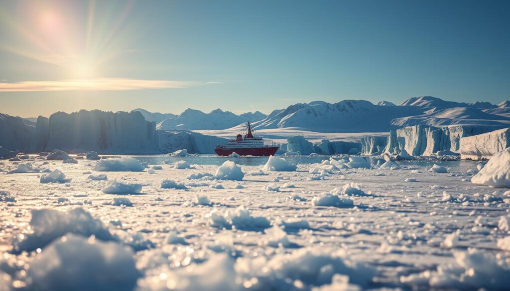 A breathtaking arctic landscape showcasing the mesmerizing beauty of ice and snow. In the foreground, a field of crystalline ice glistens under the soft glow of the early morning sun, reflecting a spectrum of colors. The middle ground reveals a majestic icebreaker ship gently navigating through the icy waters, surrounded by towering glaciers and icebergs, some with intricate textures and deep blue hues. In the background, distant snow-capped mountains rise against a clear, azure sky, adding a sense of grandeur to the scene. The lighting is warm and inviting, creating a serene atmosphere, and the image captures the cold, crisp clarity typical of the Arctic environment. Shot on a Sony A7R IV with a 70mm lens, the composition is sharply defined and vividly detailed, enhanced by a polarized filter to accentuate the blues and whites of the ice. A breathtaking arctic landscape showcasing the mesmerizing beauty of ice and snow. In the foreground, a field of crystalline ice glistens under the soft glow of the early morning sun, reflecting a spectrum of colors. The middle ground reveals a majestic icebreaker ship gently navigating through the icy waters, surrounded by towering glaciers and icebergs, some with intricate textures and deep blue hues. In the background, distant snow-capped mountains rise against a clear, azure sky, adding a sense of grandeur to the scene. The lighting is warm and inviting, creating a serene atmosphere, and the image captures the cold, crisp clarity typical of the Arctic environment. Shot on a Sony A7R IV with a 70mm lens, the composition is sharply defined and vividly detailed, enhanced by a polarized filter to accentuate the blues and whites of the ice.