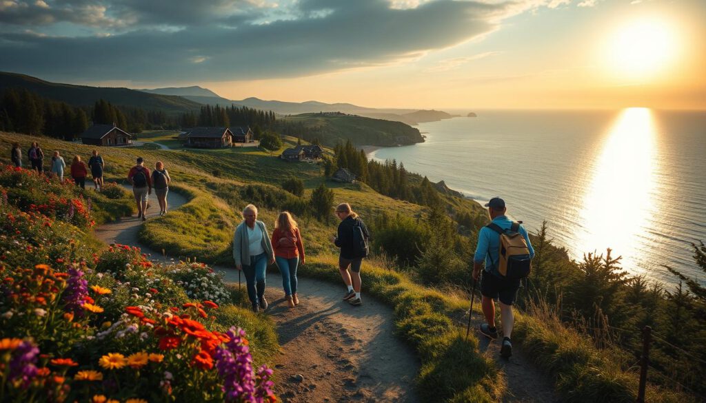 A breathtaking landscape of Österlen, Sweden, showcasing a winding hiking trail surrounded by vibrant wildflowers and lush greenery in the foreground. A group of diverse individuals, dressed in comfortable outdoor attire, walks along the path, enjoying the serenity of nature. In the middle ground, gentle rolling hills lead towards the coastline, where the sun sets over the shimmering Baltic Sea, casting a warm golden glow. The background features classic Swedish wooden cottages nestled among the trees, their rustic charm reflecting in the warm light of dusk. The scene is captured with a Sony A7R IV at 70mm, creating a clearly focused and sharply defined image, enriched by the soft, inviting atmosphere of a summer evening, and enhanced by a polarized filter to accentuate the colors and details.