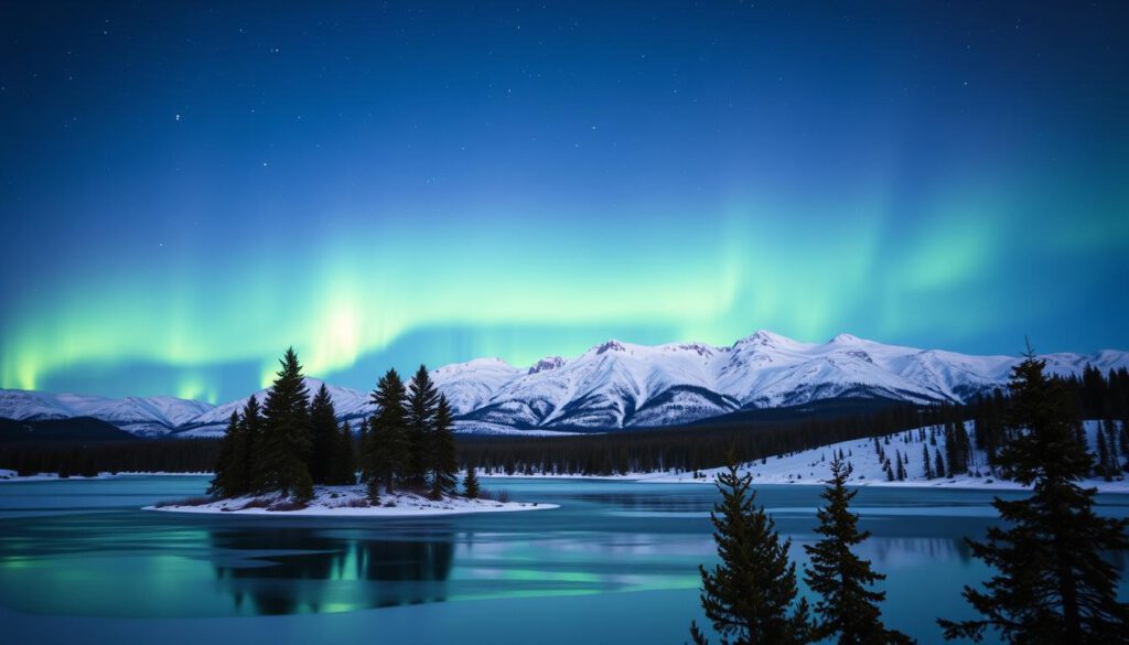 A breathtaking scene of Abisko Nationalpark under the shimmering polar lights, captured at dusk. In the foreground, a tranquil frozen lake reflects the vibrant greens and purples of the aurora borealis, surrounded by silhouetted pine trees dusted with snow. The middle layer showcases gently rolling hills blanketed in white, leading up to the majestic mountains in the background, softly illuminated by the ethereal glow of the northern lights. The sky is a dark canvas scattered with stars, enhancing the magical atmosphere. Shot on a Sony A7R IV with a 70mm lens, this image is sharply defined and clearly focused, utilizing a polarized filter to enhance color vibrancy and clarity. The mood is serene and awe-inspiring, perfect for illustrating the wonder of observing the northern lights in this unique landscape.