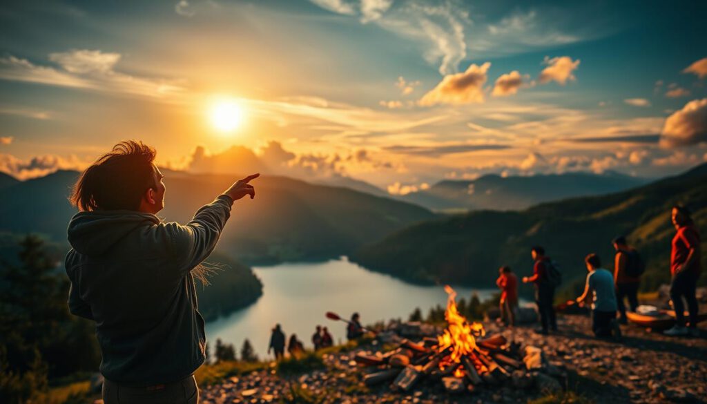 A breathtaking scene under the midnight sun, capturing a group of people engaging in outdoor activities like hiking, kayaking, and gathering around a campfire. In the foreground, a couple in casual clothing points towards the sky, with the vibrant sun illuminating their faces. The middle ground features a serene lake reflecting the golden hues of the sun, surrounded by lush green mountains. In the background, soft clouds drift in a twilight sky filled with warm oranges and cool blues. The atmosphere is joyful and adventurous, embodying the spirit of exploration. Shot with a Sony A7R IV at 70mm, using a polarized filter for enhanced clarity and vivid colors, focusing on the harmonious interplay of nature and people.