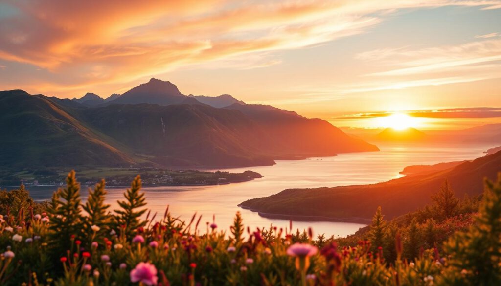 A breathtaking view of Norway during the midnight sun, showcasing a serene landscape in the foreground with a shimmering fjord reflecting the vibrant colors of the sun on the water's surface. In the middle ground, gently rolling hills adorned with lush greenery and blooming wildflowers lead up to dramatic, rugged mountains. The sky in the background is a mesmerizing gradient of oranges, pinks, and purples as the sun hovers just above the horizon, casting a warm, golden light over the scene. The shot is captured with a Sony A7R IV at 70mm, using a polarized filter for enhanced clarity and sharp definition. The atmosphere is tranquil and magical, evoking a sense of wonder and the beauty of nature. No people are present in the scene.
