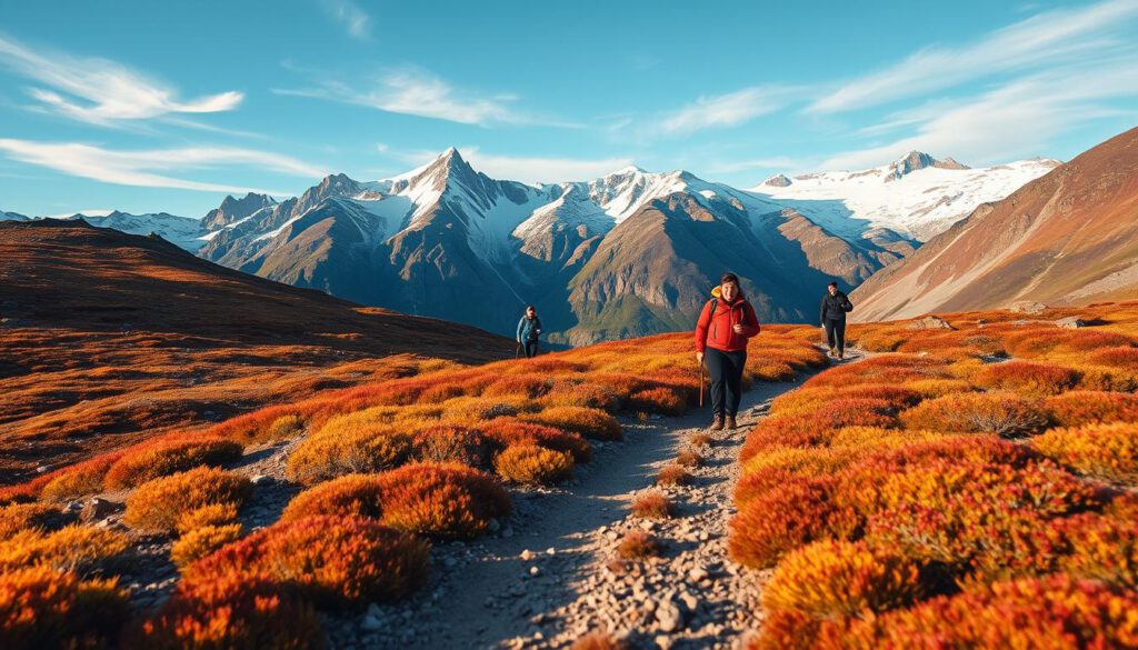 A breathtaking view of Sarek National Park during the early autumn season, capturing the perfect hiking atmosphere. In the foreground, a rugged trail lined with colorful tundra vegetation leads into the landscape. The middle ground showcases a group of hikers dressed in professional outdoor gear, joyfully navigating the terrain, their footsteps creating a sense of adventure. The background reveals towering mountains dusted with snow, their peaks glistening under warm, soft sunlight. A clear blue sky frames the scene, with wispy clouds drifting lazily. This image is shot with a Sony A7R IV at 70mm, sharply focused and vividly detailed, using a polarized filter to enhance the colors and contrast, evoking a mood of serenity and exploration in Europe's last wilderness.