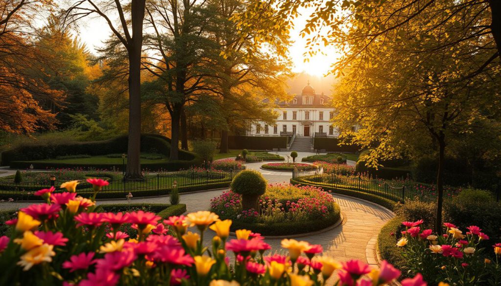 A breathtaking view of Sofiero Castle garden during the transition of seasons, showcasing vibrant spring flowers in the foreground with luscious green foliage transforming into warm autumn hues in the background. Capture the iconic castle architecture nestled among the trees, with pathways winding through blooming flower beds. Soft golden light of sunset filters through the leaves, casting gentle shadows and highlights across the scene. Use a Sony A7R IV with a 70mm lens for sharp detail, clearly focused on the flora while maintaining a slightly blurred background for depth. The mood is tranquil and inviting, reflecting the beauty of nature's seasonal changes.