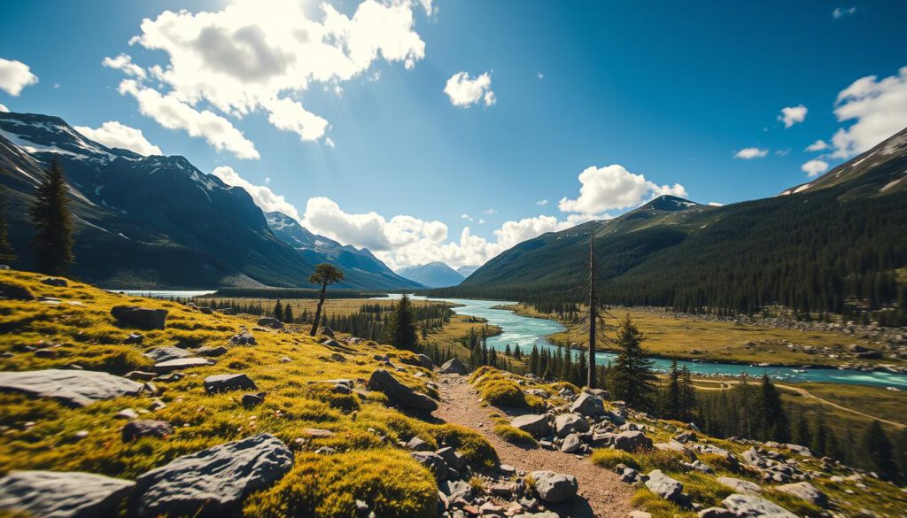 A breathtaking view of Wandern in Sarek National Park, showcasing the untouched wilderness of Europe. In the foreground, a rocky trail winds through vibrant green moss and small wildflowers, inviting hikers to explore. The middle ground features towering rugged mountains, their peaks capped with shimmering snow under a bright blue sky, scattered with fluffy white clouds. A crystal-clear river meanders through, reflecting the surrounding landscape. In the background, dense forests of pine and spruce trees rise majestically, hinting at the rich biodiversity of the region. The scene is bathed in warm, golden sunlight, creating an inviting atmosphere. Captured with a Sony A7R IV at 70mm, the image is sharply focused and clearly defined, enhanced by a polarized filter for vivid colors and contrast.