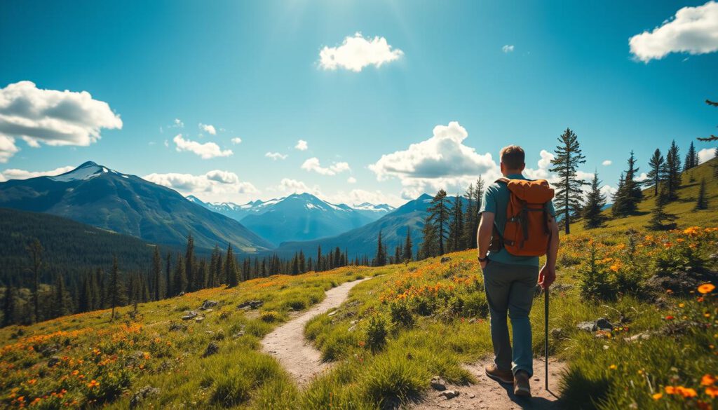 A breathtaking view of a hiker trekking on the Kungsleden trail, surrounded by vibrant green forests and snow-capped mountains in the distance. In the foreground, a solo hiker in modest casual outdoor attire, equipped with a backpack, pauses to take in the stunning wilderness. The middle ground features a winding path that leads through colorful wildflowers and patches of lush grass, inviting viewers to explore. In the background, majestic peaks rise under a clear blue sky, dotted with fluffy white clouds. The scene is illuminated by warm sunlight filtering through trees, enhancing the mood of adventure and tranquility. Shot on a Sony A7R IV at 70mm, with a polarized filter for vivid clarity and sharply defined details, capturing the spirit of hiking on Sweden's famous long-distance trail.