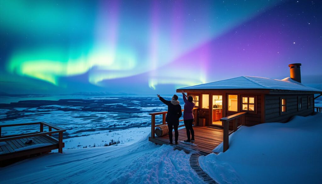 A breathtaking view of the Aurora Sky Station in Abisko, set on top of Nuolja Mountain. In the foreground, a cozy wooden observation deck adorned with warm, glowing lights, inviting visitors to marvel at the phenomenon. The middle ground features a group of three individuals dressed in modest winter attire, pointing towards the sky in awe as vibrant green and purple auroras dance overhead. In the background, the snow-covered landscape glistens under a star-filled sky, creating a serene and magical atmosphere. The scene is captured with a sharp focus using a Sony A7R IV camera at 70mm, illuminated by the ethereal glow of the auroras, with a polarized filter enhancing the colors, rendering the whole composition enchanting and captivating.