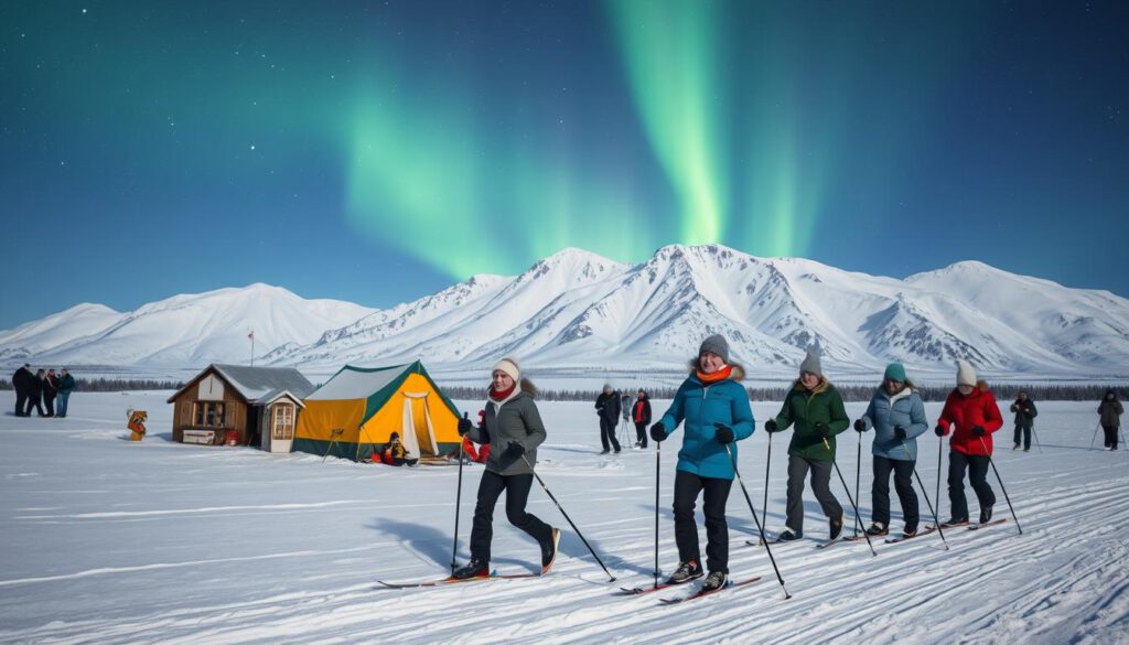A breathtaking winter landscape in Swedish Lapland, featuring a serene scene of people engaging in winter sports, such as cross-country skiing and snowshoeing, dressed in stylish, modest winter attire. In the foreground, capture a group of skiers gliding gracefully across a snowy terrain, their expressions filled with joy and excitement. The middle ground showcases traditional Sami cultural elements, including a colorful Sami tent and intricately designed handicrafts on display. In the background, majestic snow-capped mountains rise under a starry night sky illuminated by the ethereal glow of the Northern Lights, casting vibrant colors over the scene. Shot on a Sony A7R IV at 70mm, with sharp focus and a polarized filter to enhance the clarity of the stars and snow, creating a magical atmosphere of adventure and cultural richness.