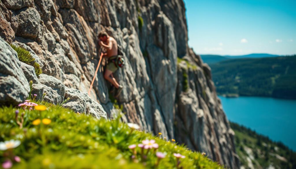 A climber scaling a rugged rock face in Bohuslän, Sweden, showcasing the region's unique geological features. The climber, dressed in modest outdoor gear, demonstrates determination and skill against the backdrop of striking cliffs and lush greenery. In the foreground, vibrant moss and small wildflowers add color to the rocky terrain. The middle ground features the climber's chalk bag, hinting at the sport of climbing while emphasizing the need for environmental protection. In the background, distant forested hills blend with a bright blue sky, filtered sunlight casting soft shadows and creating a tranquil atmosphere. Captured with a Sony A7R IV at 70mm, the image is sharply defined and clearly focused, offering a powerful statement on the balance between adventure and environmental stewardship.