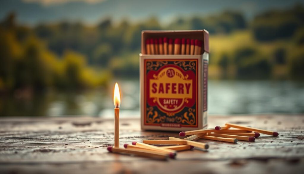 A close-up of a box of safety matches, showcasing the intricate design of the matchbox with vibrant colors against a rustic wooden table surface. In the foreground, a lit safety match stands upright, its glowing tip illuminating the subtle textures of the matchbox. In the middle ground, a few matches are scattered, partially laying open to reveal their striking surfaces. In the background, a soft-focus depiction of a tranquil Vätternsee landscape, with lush greenery and gentle waves reflecting the serene atmosphere, created by warm, natural lighting. The image is shot with a Sony A7R IV at 70mm, using a polarized filter for enhanced clarity and color vibrancy, capturing the essence of this revolutionary invention. The mood is inviting and nostalgic, evoking curiosity about the history of safety matches.