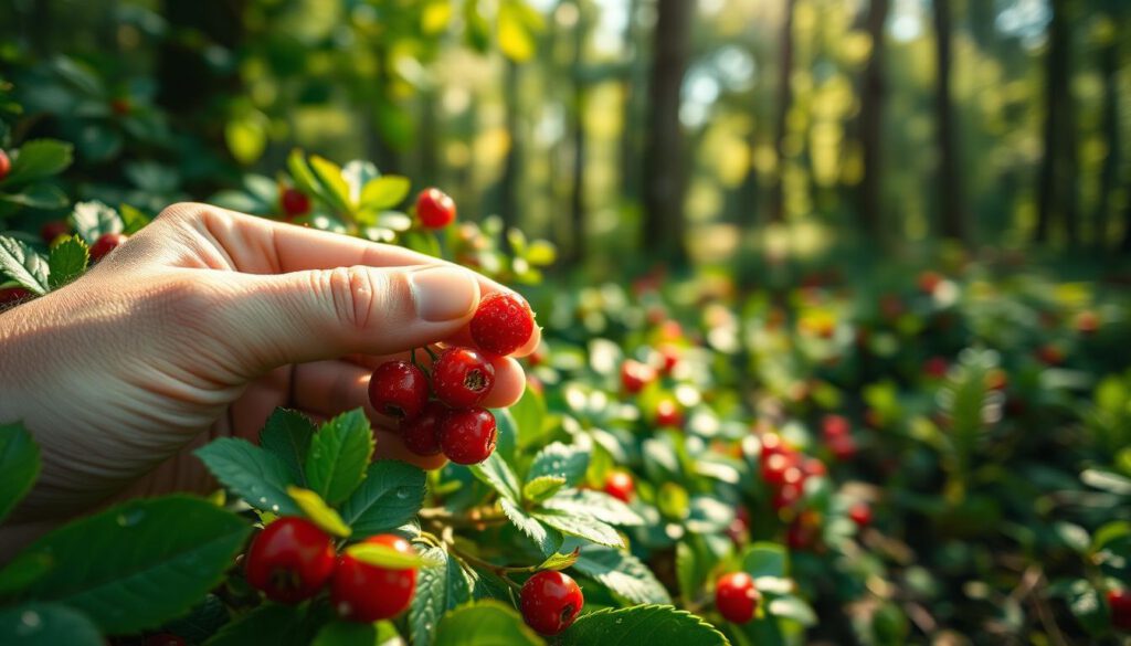 A close-up of bright red lingonberries (Preiselbeeren) nestled among lush green foliage in a Swedish forest. The berries are glistening with morning dew, showcasing their vibrant color and freshness. In the foreground, a hand gently reaches for a berry, emphasizing their small size and the act of foraging. The middle ground features a blurred mix of soft green leaves and distant berry plants, creating depth. The background reveals a soft-focus view of a sunlit forest, with dappled sunlight filtering through the trees, casting a warm glow over the scene. Captured with a Sony A7R IV at 70mm, this image is vividly clear and sharply defined, enhanced with a polarized filter for rich colors and detail, evoking a serene and inviting atmosphere in nature.