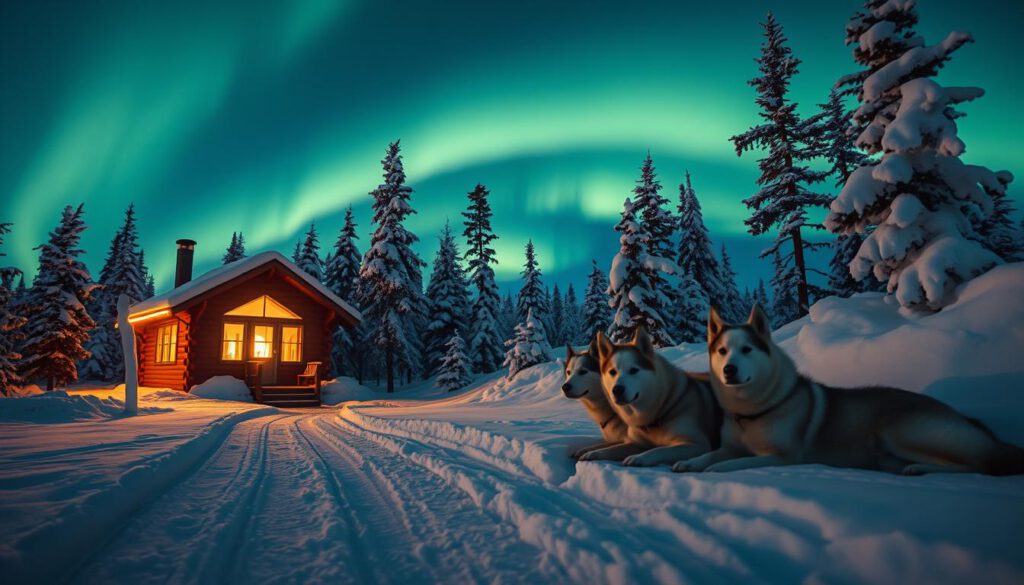 A cozy cabin nestled among the snowy landscapes of Kiruna, Sweden, illuminated by the soft, warm glow of its windows. In the foreground, a well-maintained path lined with snow-covered pine trees leads to the cabin, hinting at a tranquil atmosphere. In the middle ground, a team of well-groomed huskies is resting, their thick fur glistening in the evening light, capturing the essence of a winter adventure. The backdrop showcases the stunning Northern Lights dancing above a clear night sky, casting ethereal colors over the serene winter scene. Shot with a Sony A7R IV at 70mm, the image is sharply defined with the use of a polarized filter, creating a captivating and inviting mood that highlights the essence of winter accommodations in Kiruna.