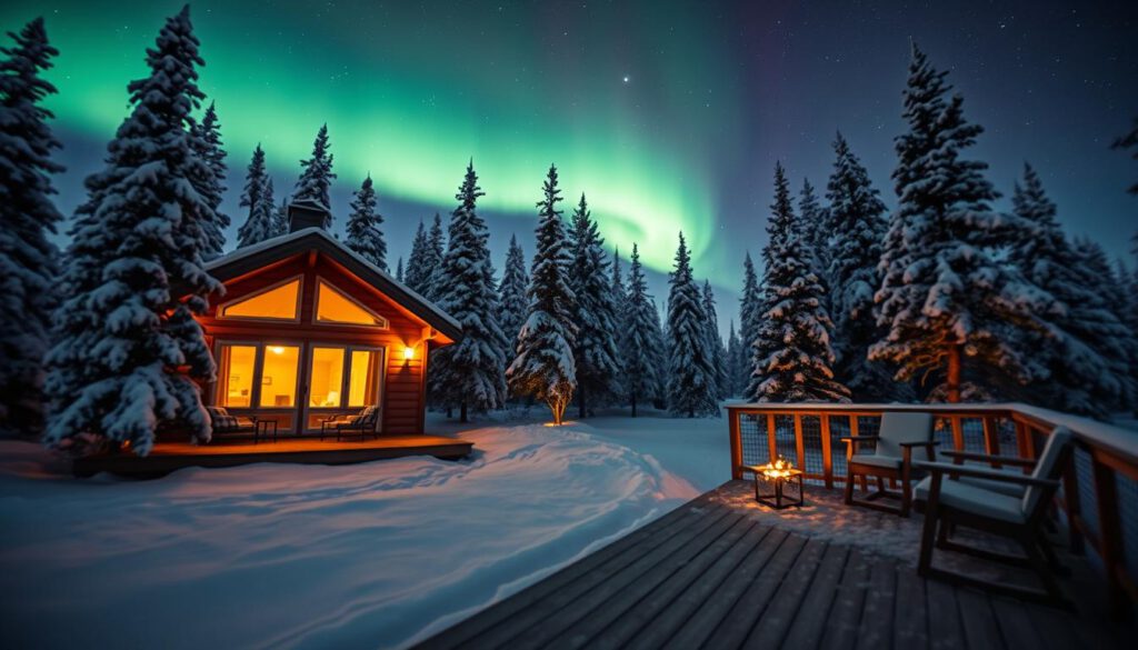 A cozy cabin nestled in the snowy landscape of the Arctic Circle, surrounded by tall, frosted pine trees. In the foreground, a warm glow emanates from the windows, suggesting a welcoming interior. The middle ground features a wooden deck with snowflakes gently falling, adorned with minimalist outdoor furniture. The background showcases the majestic northern lights casting vibrant greens and purples over the star-studded sky, illuminating the serene winter scenery. The scene is shot on a Sony A7R IV at 70mm, ensuring a sharply defined image with a clear focus on the cabin and the impressive natural phenomena. The overall mood is tranquil and inviting, evoking a sense of adventure and wonder in a pristine, remote environment. A cozy cabin nestled in the snowy landscape of the Arctic Circle, surrounded by tall, frosted pine trees. In the foreground, a warm glow emanates from the windows, suggesting a welcoming interior. The middle ground features a wooden deck with snowflakes gently falling, adorned with minimalist outdoor furniture. The background showcases the majestic northern lights casting vibrant greens and purples over the star-studded sky, illuminating the serene winter scenery. The scene is shot on a Sony A7R IV at 70mm, ensuring a sharply defined image with a clear focus on the cabin and the impressive natural phenomena. The overall mood is tranquil and inviting, evoking a sense of adventure and wonder in a pristine, remote environment.
