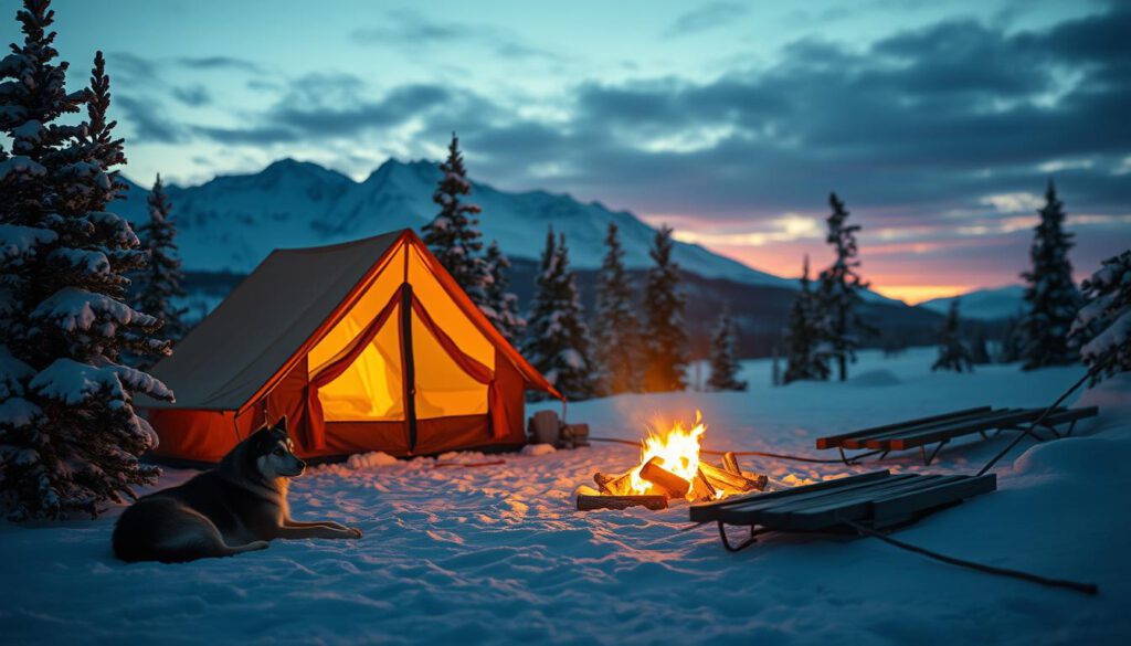 A cozy campsite during a multi-day dog sledding expedition in Lapland. In the foreground, a warm, inviting tent is illuminated softly by a flickering campfire, surrounded by snow-covered pines. Two sled dogs rest nearby, their coats gleaming in the gentle glow. In the middle ground, wooden sleds await the next day’s journey, partially buried in the white snow. In the background, majestic mountains rise against a twilight sky, painted in hues of deep blue and purple. Shooting on a Sony A7R IV at 70mm, ensure crisp details and defined textures, with a polarized filter to enhance the colors. The atmosphere is serene and adventurous, evoking the thrill of an unforgettable winter expedition.