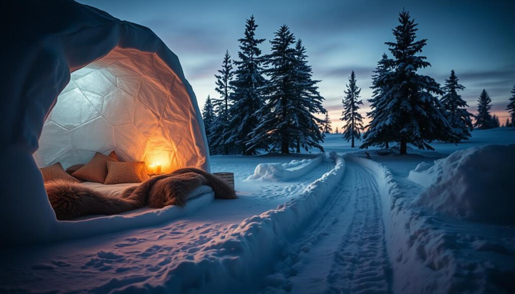 A cozy igloo accommodation nestled in the snowy landscapes of Sweden, showcasing a beautifully constructed ice structure with intricate patterns on its surface. In the foreground, a warmly lit interior reveals a comfortable sleeping space adorned with fur blankets and candles, creating a warm and inviting atmosphere. The middle ground features a snowy pathway leading to the igloo, with snowflakes gently falling around. In the background, tall pine trees dusted with snow stretch toward a soft twilight sky, enhancing the serene mood. The photograph captures a serene winter night, shot with a Sony A7R IV at 70mm, clearly focused and sharply defined, using a polarized filter to enhance the colors and details. No text or watermarks are present.