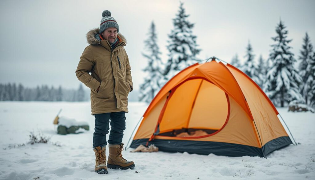 A cozy winter camping scene in Sweden, showcasing the optimal winter clothing for outdoor adventures. In the foreground, a person dressed in a warm, insulated parka, layered thermal clothing, a fleece beanie, and sturdy snow boots, standing confidently. In the middle ground, a colorful tent set against a snowy landscape, with snowflakes softly falling. The background features snow-covered pine trees and a tranquil winter sky. The lighting should be bright but soft, capturing the chilly atmosphere. The image is shot with a Sony A7R IV at 70mm, emphasizing sharp details and vibrant colors, while using a polarized filter to enhance the winter light. The overall mood is adventurous yet inviting, perfect for winter camping enthusiasts.