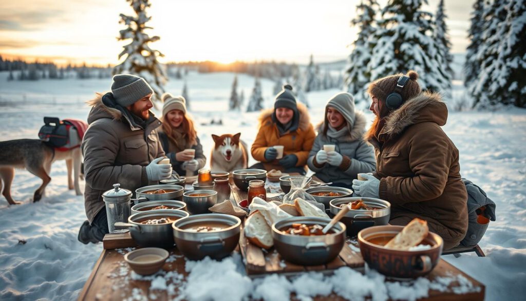A cozy winter scene showcasing the meal preparation during a multi-day dog sledding expedition in Lapland. In the foreground, a table set with steaming bowls of hearty stew, fresh bread, and hot beverages, surrounded by snow-covered wilderness. In the middle ground, a group of four well-dressed adventurers, clad in warm, layered winter clothing, gather around the table, sharing laughter and stories. They are engaged in a warm conversation, illuminated by the soft, golden light of the setting sun. In the background, majestic snow-laden pine trees and distant snowy hills create a tranquil atmosphere. Captured with a Sony A7R IV at 70mm, ensuring a clear focus and sharp definition, enhanced by a polarized filter for richer colors and contrast. The overall mood is warm, inviting, and adventurous.