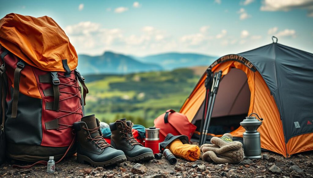 A detailed display of essential Kungsleden hiking gear arranged artistically against a natural backdrop. Foreground features a sturdy backpack, well-worn hiking boots, and a top-quality tent, all in vibrant colors, emphasizing durability and readiness for adventure. In the middle ground, include a variety of hiking equipment like trekking poles, a sleeping bag, and a portable stove, suggesting an organized preparation for the long trek ahead. The serene background showcases a stunning Swedish landscape with rolling hills, lush greenery, and distant mountains under a clear blue sky, evoking a sense of tranquility and excitement for exploration. The image should be shot with a Sony A7R IV at 70mm, ensuring sharp focus and clarity, enhanced by a polarized filter to intensify colors. The overall mood is one of adventure and the beauty of nature, ideal for inspiring hikers to prepare for their Kungsleden journey.