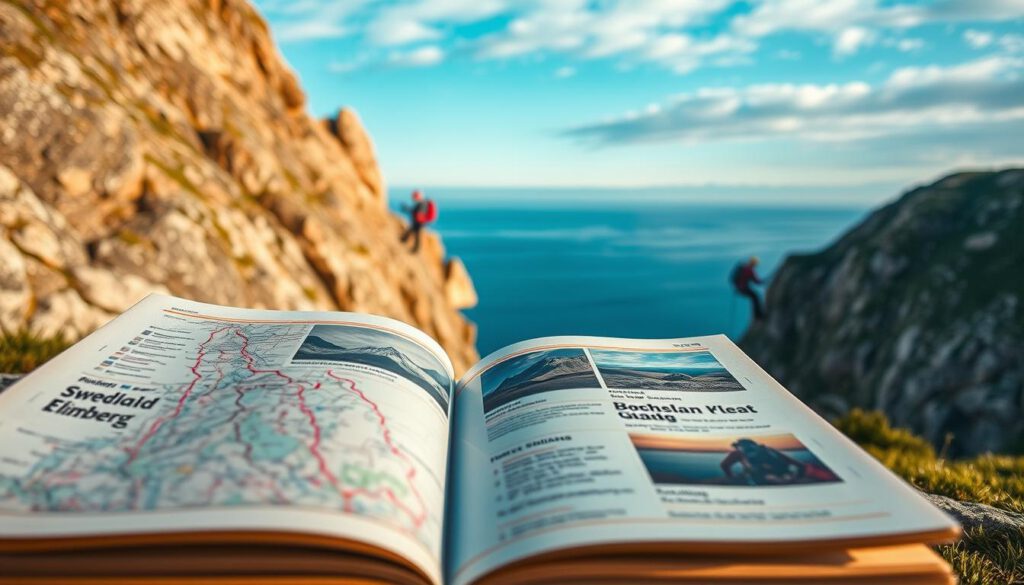 A detailed image of a climbing guidebook set in a picturesque Swedish landscape, specifically focused on popular climbing locations such as Bohuslän and Kullaberg. In the foreground, a well-worn, open climbing guidebook displays maps and cliffside photography, showcasing routes and climbing techniques. In the middle ground, climbers in professional outdoor gear scale a rocky cliff, demonstrating teamwork and determination. The background features a stunning view of Sweden's rugged coastal scenery, with cliffs meeting the sea under a vibrant blue sky. Golden hour lighting casts a warm glow over the scene, enhancing the textures of the rock and the greenery, creating an inviting and adventurous atmosphere. Shot with a Sony A7R IV at 70mm, clearly focused and sharply defined, using a polarized filter for optimal detail and clarity.