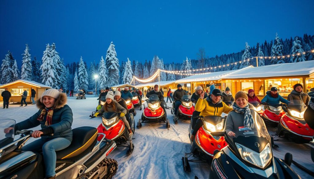 A lively winter festival celebrating snowmobiling in the heart of Northern Sweden. In the foreground, groups of diverse individuals dressed in casual winter attire engage in exciting snowmobile rides, their expressions filled with joy and adventure. The middle ground features various colorful snowmobiles parked alongside a festive area with stalls offering local food and drinks, decorated with fairy lights. In the background, snow-covered trees and gently falling snow create a serene atmosphere, while a clear blue sky peeks through. The scene is captured with a Sony A7R IV at 70mm, sharply focused and well-defined, utilizing a polarized filter to enhance the vibrant colors and contrast, conveying a cheerful and exhilarating mood.