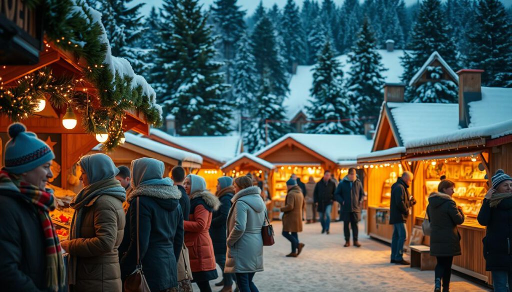 A lively winter market scene at Jokkmokk's Wintermarkt, capturing the essence of Swedish culture. In the foreground, a diverse group of market visitors dressed in modest casual winter attire, including colorful scarves and warm jackets, interact joyfully while browsing stalls filled with handmade crafts and traditional Swedish foods. The middle ground features beautifully decorated wooden market stalls, adorned with twinkling fairy lights and snow-dusted roofs, showcasing local products. In the background, evergreen trees blanket the landscape with fresh snow under a soft golden hour glow, casting a warm atmosphere. Shot with a Sony A7R IV at 70mm, emphasizing sharp details and vibrant colors with a polarized filter, this image conveys a festive and welcoming mood, immersing viewers in the celebration of winter heritage. A lively winter market scene at Jokkmokk's Wintermarkt, capturing the essence of Swedish culture. In the foreground, a diverse group of market visitors dressed in modest casual winter attire, including colorful scarves and warm jackets, interact joyfully while browsing stalls filled with handmade crafts and traditional Swedish foods. The middle ground features beautifully decorated wooden market stalls, adorned with twinkling fairy lights and snow-dusted roofs, showcasing local products. In the background, evergreen trees blanket the landscape with fresh snow under a soft golden hour glow, casting a warm atmosphere. Shot with a Sony A7R IV at 70mm, emphasizing sharp details and vibrant colors with a polarized filter, this image conveys a festive and welcoming mood, immersing viewers in the celebration of winter heritage.