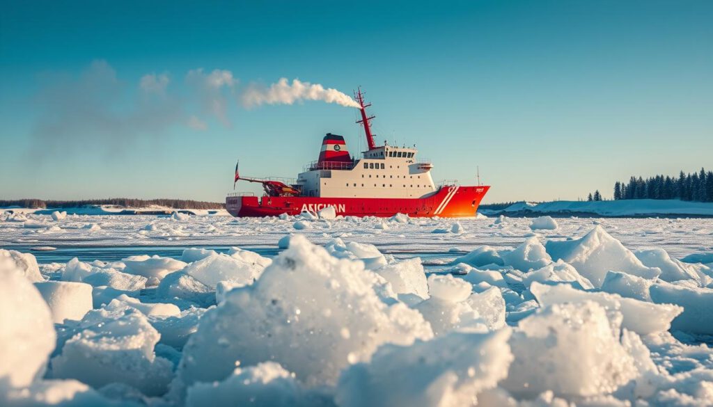 A majestic icy landscape in Luleå, featuring an icebreaker ship cutting through the arctic ice. In the foreground, chunks of sparkling ice float around the vessel, reflecting the sunlight. The middle ground showcases the powerful icebreaker, vibrant red and white, with steam rising from its smokestack, highlighting its strength against the surrounding frozen sea. In the background, snow-covered shores and pine trees contrast against a clear blue sky, creating a serene atmosphere. The scene is bathed in soft, golden hour light, enhancing the tranquil yet adventurous mood. Shot on a Sony A7R IV at 70mm, the image is clearly focused and sharply defined, using a polarized filter to emphasize the texture of the ice and the vivid colors of the ship. A majestic icy landscape in Luleå, featuring an icebreaker ship cutting through the arctic ice. In the foreground, chunks of sparkling ice float around the vessel, reflecting the sunlight. The middle ground showcases the powerful icebreaker, vibrant red and white, with steam rising from its smokestack, highlighting its strength against the surrounding frozen sea. In the background, snow-covered shores and pine trees contrast against a clear blue sky, creating a serene atmosphere. The scene is bathed in soft, golden hour light, enhancing the tranquil yet adventurous mood. Shot on a Sony A7R IV at 70mm, the image is clearly focused and sharply defined, using a polarized filter to emphasize the texture of the ice and the vivid colors of the ship.