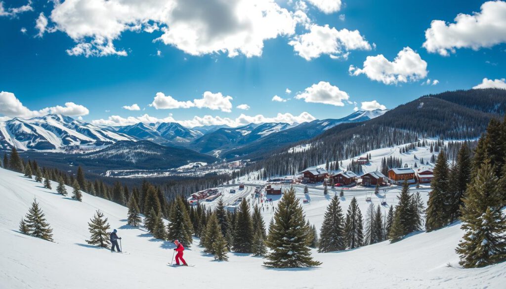 A panoramic winter landscape of the Åre ski resort, showcasing its high altitude and snow reliability. In the foreground, a gentle slope is lined with perfectly groomed ski trails and clusters of evergreen trees lightly dusted with snow. Skiers in modest casual clothing gracefully navigate the slopes. The middle ground reveals the expansive ski lift system, with wooden chalets and modern ski lodges nestled among the snow-covered hills. Towering mountains stretch into the background, their peaks glistening under a bright blue sky dotted with fluffy white clouds. The lighting is bright and crisp, enhancing the vibrant colors of the scene, captured with a Sony A7R IV at 70mm with a polarized filter. The atmosphere is serene and invigorating, inviting viewers to imagine the thrill of skiing in this stunning locale. A panoramic winter landscape of the Åre ski resort, showcasing its high altitude and snow reliability. In the foreground, a gentle slope is lined with perfectly groomed ski trails and clusters of evergreen trees lightly dusted with snow. Skiers in modest casual clothing gracefully navigate the slopes. The middle ground reveals the expansive ski lift system, with wooden chalets and modern ski lodges nestled among the snow-covered hills. Towering mountains stretch into the background, their peaks glistening under a bright blue sky dotted with fluffy white clouds. The lighting is bright and crisp, enhancing the vibrant colors of the scene, captured with a Sony A7R IV at 70mm with a polarized filter. The atmosphere is serene and invigorating, inviting viewers to imagine the thrill of skiing in this stunning locale.