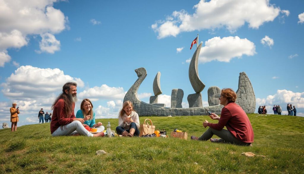 A picturesque family gathering at Ales Stenar, Sweden, showcasing an engaging day of activities. In the foreground, a diverse family of four, dressed in comfortable casual clothing, enjoys a picnic on a grassy knoll nearby the ancient stone formations, laughing and sharing food. The middle ground features the impressive stone ship, meticulously arranged, with visitors admiring the sight and taking photos. The background reveals a clear blue sky dotted with fluffy white clouds, hinting at a warm, sunny day. The image captures the essence of togetherness and exploration, evoking a sense of wonder and curiosity. Shot with a Sony A7R IV at 70mm, utilizing a polarized filter for vibrant colors and contrast, with sharp focus on the family and the stones, creating a joyful, inviting atmosphere.