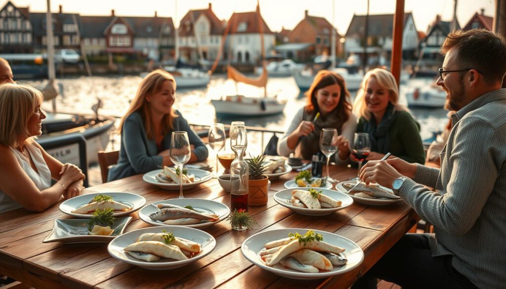 A picturesque scene at the Ystad sailing harbor, showcasing a vibrant outdoor fish dining experience. In the foreground, a wooden table is elegantly set with fresh, beautifully plated fish dishes, garnished with herbs and lemon. Diners, dressed in modest casual clothing, are cheerfully engaged in conversation, enjoying their meals. In the middle ground, charming boats gently sway in the harbor, reflecting the soft, warm golden light of a late afternoon sun. The background features the historic architecture of Ystad, including traditional half-timbered houses, providing a perfect blend of medieval charm. The atmosphere is welcoming and relaxed, inviting viewers to appreciate the delightful coastal culinary culture. Shot on a Sony A7R IV at 70mm, with clear focus, sharp details, and a polarized filter enhancing colors and contrast.