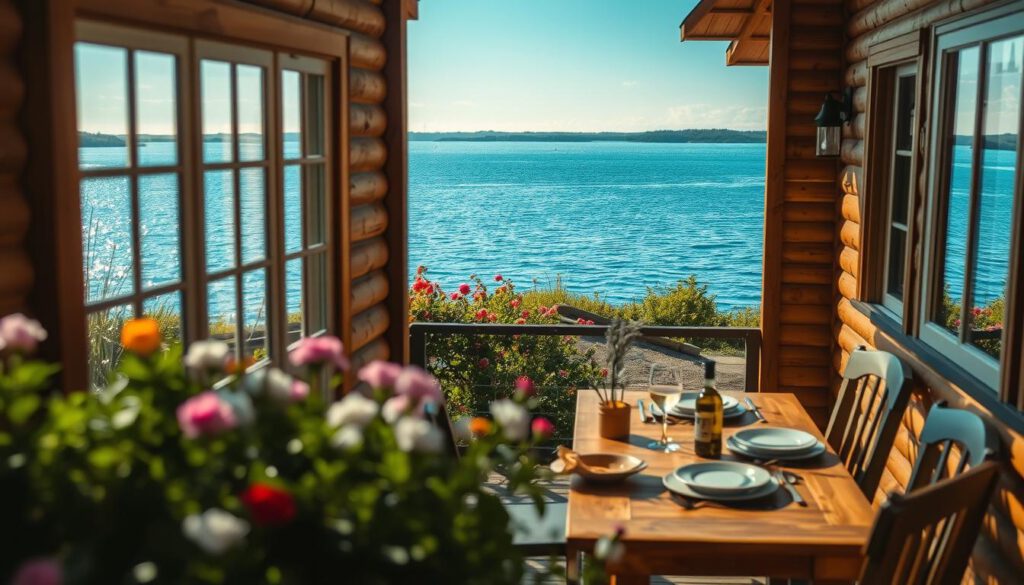 A picturesque scene depicting a cozy accommodation and dining area in Ljungsbro, Sweden, nestled beside the tranquil banks of Lake Vättern. In the foreground, a charming wooden cabin with large windows reveals a warm, inviting interior featuring a rustic dining table set for guests with delectable local cuisine. The middle ground showcases lush greenery and blooming flowers, creating a serene atmosphere. In the background, the shimmering lake reflects the vibrant blue sky, with gentle ripples stirred by a light breeze. The lighting is soft, golden hour sunlight casting a warm glow over the scene, emphasizing a sense of comfort and relaxation. Shot on a Sony A7R IV at 70mm, ensuring clear focus and sharp details with a polarized filter enhancing the colors.