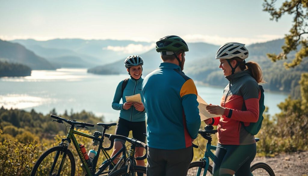 A picturesque scene depicting a group of four enthusiastic cyclists preparing for their first biking tour around Lake Vättern in Sweden. In the foreground, the cyclists, dressed in colorful but modest cycling attire, are engaged in cheerful conversation while checking their maps and gear. The middle ground features a serene view of Lake Vättern with its calm, glistening waters reflecting the surrounding lush greenery. In the background, gentle hills rise, partially shrouded in soft morning mist, creating a sense of adventure. The lighting is bright and inviting, capturing the crispness of a sunny day, with a slight lens flare to enhance the atmosphere. Shot on a Sony A7R IV with a 70mm lens, the image is sharply defined, highlighting the camaraderie and excitement of embarking on a new cycling journey.