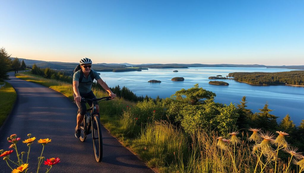 A picturesque scene of Vänern Lake, the largest lake in Sweden, at sunrise. In the foreground, a winding bike path with a cyclist wearing casual outdoor attire, riding alongside vibrant wildflowers. The middle ground features the calm, reflective waters of the lake, dotted with small islands. In the background, lush green forests and distant hills rise under a clear blue sky, with soft golden light illuminating the landscape. The composition is shot at 70mm with a Sony A7R IV, showcasing sharp details and textures, while a polarized filter enhances colors and reduces glare. The atmosphere is serene and inviting, perfect for cycling adventures in nature.