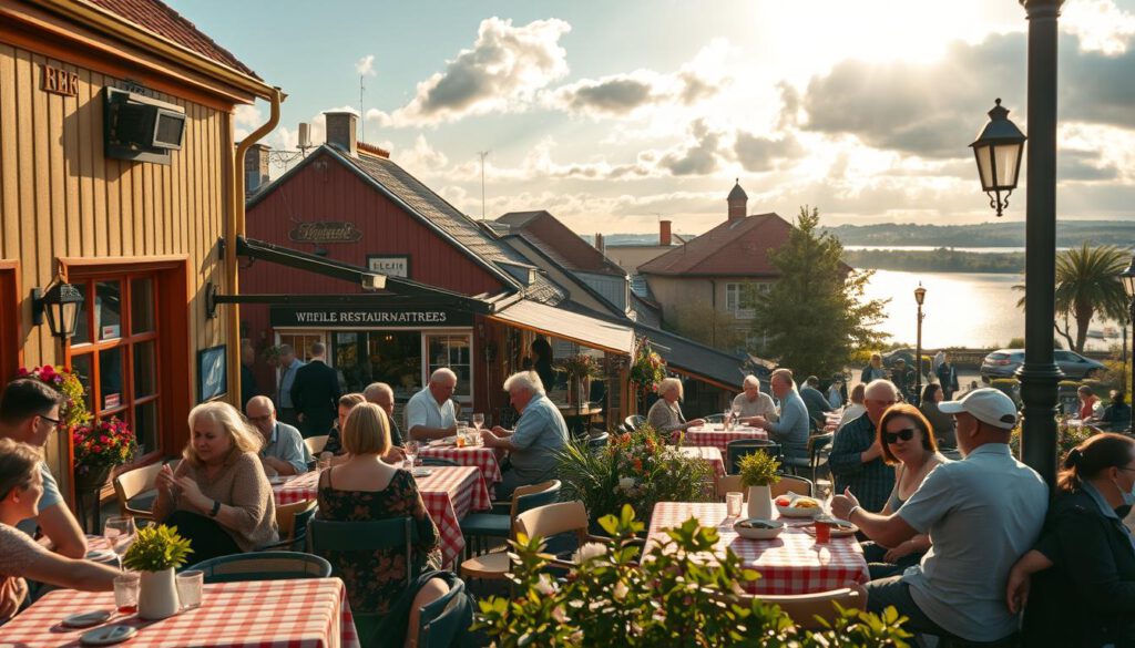 A picturesque scene of outdoor dining in Gränna, showcasing charming restaurants with colorful facades. In the foreground, a cozy terrace with tables adorned with checkered tablecloths, where people in modest casual clothing are enjoying local cuisine. The middle ground features the vibrant buildings of restaurants, filled with flowers and inviting signs, bustling with life. In the background, a serene view of Lake Vättern, glistening under warm, golden sunlight filtering through soft, fluffy clouds. Captured with a Sony A7R IV at 70mm, the image is sharply defined and clearly focused. The atmosphere is warm and inviting, perfect for highlighting the local culinary delights of Gränna.
