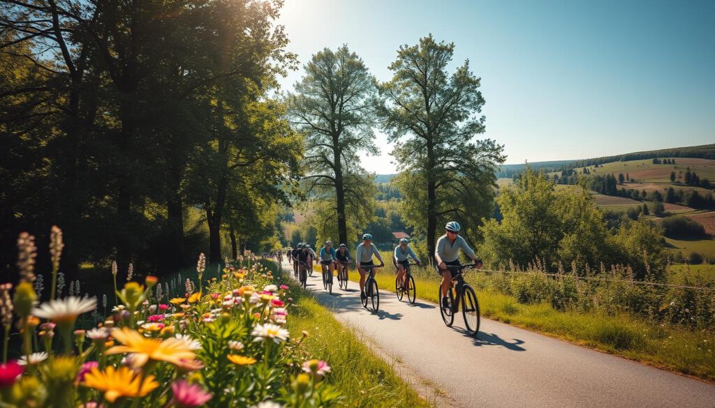 A picturesque view of Cykelleden Skåne, featuring cyclists riding along a scenic bike path flanked by lush greenery and blooming wildflowers in the foreground. Capture a diverse group of riders, wearing casual cycling attire, enjoying the fresh air and sunny weather. In the middle ground, tall trees create a natural canopy, filtering soft sunlight through their leaves, casting a serene dappled light. The background showcases rolling hills under a clear blue sky, embodying the tranquility of Sweden's natural landscapes. Use a Sony A7R IV with a 70mm lens to ensure the details are sharply defined, with a polarized filter to enhance the vibrant colors. The mood should be uplifting and inviting, highlighting the joyful experience of biking in nature.
