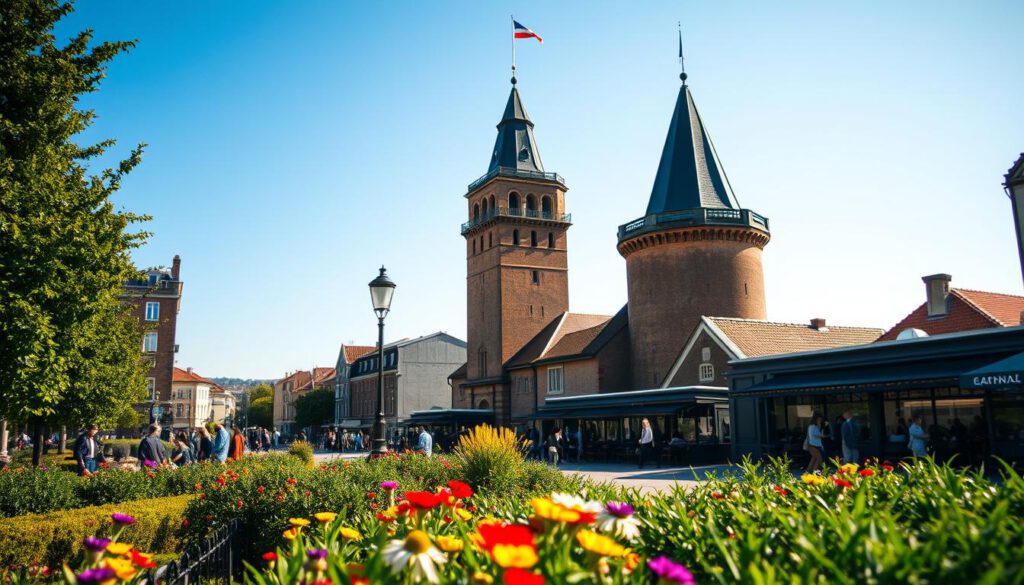 A picturesque view of Helsingborg featuring the iconic Kärnan tower set against the vibrant backdrop of a clear blue sky. In the foreground, lush green gardens with colorful flowers invite visitors to explore. The middle ground captures the historic architecture of this Swedish city, showcasing charming streets and quaint cafes bustling with people in professional business attire and modest casual clothing, enjoying their day. The distant background reveals the stunning coastline of Denmark on the horizon across the water, emphasizing the close proximity of the two nations. The scene is illuminated by warm, golden sunlight, creating a welcoming and inviting atmosphere. The image is shot with a Sony A7R IV at 70mm, ensuring clear focus and sharp details, complemented by a polarized filter to enhance colors and contrasts.