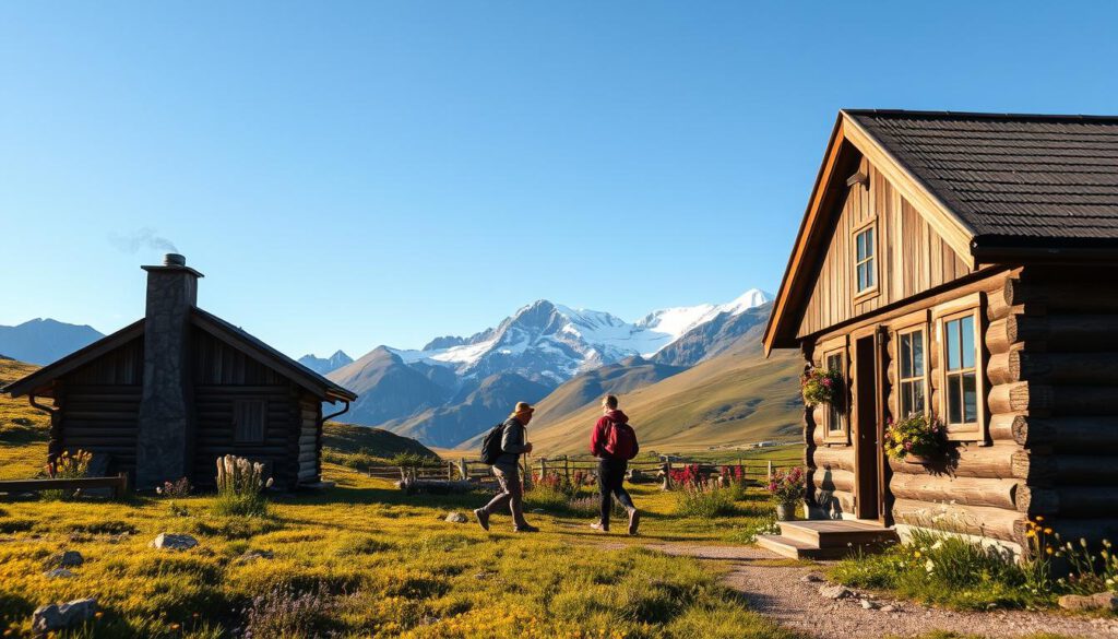 A picturesque view of a cozy Kungsleden accommodation nestled among stunning Swedish landscapes. In the foreground, a traditional wooden cabin adorned with flowers, smoke gently wafting from the chimney, conveys warmth. The middle ground features hikers in modest casual clothing, enjoying a break with backpacks, surrounded by vibrant green hills and patches of wildflowers. In the background, majestic snow-capped mountains rise against a clear blue sky, reflecting the serenity of the wilderness. Soft golden sunlight bathes the scene, creating a tranquil atmosphere. Shot with a Sony A7R IV at 70mm, ensuring sharp focus and definition, with a polarized filter enhancing the colors and contrasts.