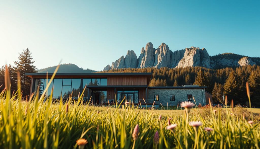 A picturesque view of the Besucherzentrum Naturum Kullaberg, situated in the scenic Kullaberg Peninsula. In the foreground, vibrant green grasses and wildflowers lead to the center's entrance, adorned with large glass windows reflecting the surrounding landscape. The middle ground features the modern architectural design of the center, integrating natural materials like wood and stone, inviting visitors. In the background, majestic rocky cliffs and lush forest peaks rise against a clear blue sky, exuding tranquility. The warm afternoon sunlight casts soft shadows, enhancing the textures of the building and nature. The image is captured with a Sony A7R IV at 70mm, clearly focused and sharply defined, utilizing a polarized filter to enrich colors and contrast. The ambiance is inviting and serene, perfect for nature enthusiasts.