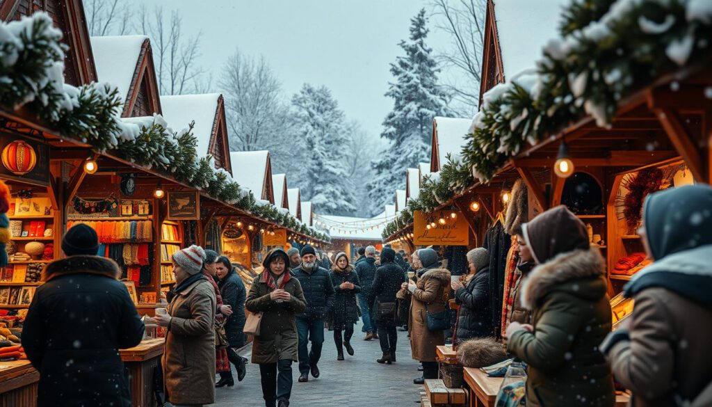 A picturesque winter scene at Jokkmokk's Wintermarkt, Sweden's oldest market dating back to 1605. In the foreground, wooden market stalls adorned with colorful handmade crafts, warm woolens, and traditional Sami goods, create a bustling atmosphere. Shoppers in modest winter attire meander between stalls, their breath visible in the crisp air. The middle ground features a gathering of people sipping warm beverages from mugs, with soft, golden lighting from string lights overhead casting a cozy glow. In the background, snow-covered trees and a gently falling snowflakes scene complete the winter wonderland. The image is shot with a Sony A7R IV at 70mm, ensuring sharp focus and vibrant colors, with a polarized filter enhancing the clarity of the scene. The overall mood is festive and inviting, encapsulating the charm and tradition of Jokkmokk's Wintermarkt. A picturesque winter scene at Jokkmokk's Wintermarkt, Sweden's oldest market dating back to 1605. In the foreground, wooden market stalls adorned with colorful handmade crafts, warm woolens, and traditional Sami goods, create a bustling atmosphere. Shoppers in modest winter attire meander between stalls, their breath visible in the crisp air. The middle ground features a gathering of people sipping warm beverages from mugs, with soft, golden lighting from string lights overhead casting a cozy glow. In the background, snow-covered trees and a gently falling snowflakes scene complete the winter wonderland. The image is shot with a Sony A7R IV at 70mm, ensuring sharp focus and vibrant colors, with a polarized filter enhancing the clarity of the scene. The overall mood is festive and inviting, encapsulating the charm and tradition of Jokkmokk's Wintermarkt.