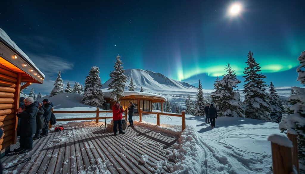 A picturesque winter scene depicting the preparations for the Aurora Sky Station in Abisko, Sweden. In the foreground, a wooden observation deck adorned with snow, featuring people dressed in modest winter clothing, eagerly setting up cameras and enjoying hot drinks. The middle ground presents the sleek, modern structure of the Aurora Sky Station, partially hidden by swirling snow, surrounded by pine trees dusted with white frost. In the background, the majestic Nuolja Mountain looms under a starry night sky, where vibrant auroras dance in hues of green and purple. The lighting is soft and ethereal, with the moon casting a gentle glow over the landscape. Captured with a Sony A7R IV at 70mm, ensuring a sharply defined focus, enhanced by a polarized filter for rich color saturation and contrast.