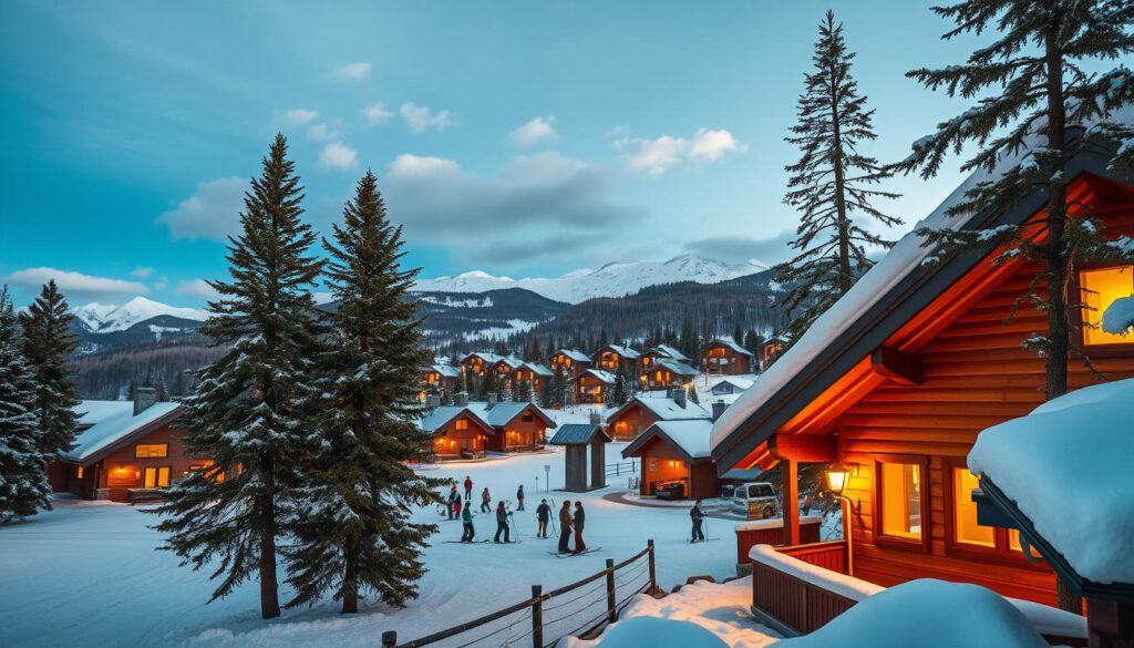 A picturesque winter scene showcasing cozy accommodations in Åre, Sweden, during the ski season. In the foreground, a charming wooden chalet with snow-covered roofs and inviting warm lights glowing from the windows, surrounded by tall pine trees dusted with fresh snow. In the middle ground, a range of stylish, modern lodges and ski huts nestled against the slopes, with skiers in modest casual clothing enjoying their time. In the background, the stunning Åre mountain peaks rise majestically under a clear blue sky, with soft white clouds drifting above. The scene is captured in golden hour lighting, creating a warm, welcoming atmosphere, shot on a Sony A7R IV with a 70mm lens, clearly focused and sharply defined, enhanced by a polarized filter for vibrant colors. A picturesque winter scene showcasing cozy accommodations in Åre, Sweden, during the ski season. In the foreground, a charming wooden chalet with snow-covered roofs and inviting warm lights glowing from the windows, surrounded by tall pine trees dusted with fresh snow. In the middle ground, a range of stylish, modern lodges and ski huts nestled against the slopes, with skiers in modest casual clothing enjoying their time. In the background, the stunning Åre mountain peaks rise majestically under a clear blue sky, with soft white clouds drifting above. The scene is captured in golden hour lighting, creating a warm, welcoming atmosphere, shot on a Sony A7R IV with a 70mm lens, clearly focused and sharply defined, enhanced by a polarized filter for vibrant colors.