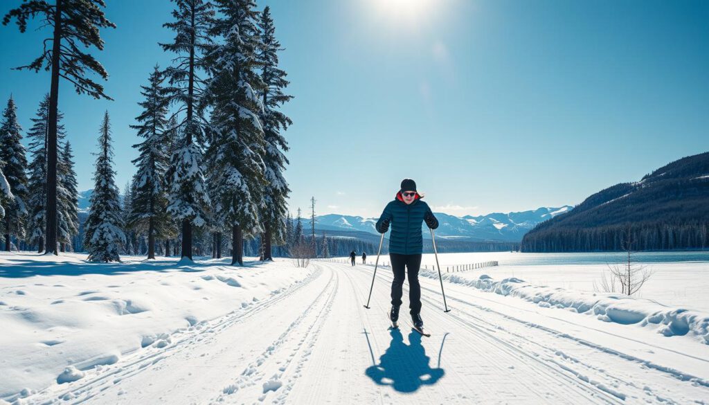 A picturesque winter scene showcasing cross-country skiing (Langlauf) by Storsjösee in Östersund, Sweden. Foreground: a skier glides along a well-groomed trail, dressed in professional winter attire, showcasing smooth, fluid motion. Middle ground: tall, snow-laden pine trees line the trail, while a few distant skiers create a sense of activity. Background: the expansive Storsjösee, glistening under a clear blue sky, framed by majestic mountains that evoke the beauty of Jämtland. The lighting is bright and crisp, capturing the essence of a sunny winter day. Shot on a Sony A7R IV at 70mm, with a polarized filter, creating sharp contrasts and vivid colors, emphasizing the serene yet exhilarating atmosphere of Nordic skiing in Östersund. A picturesque winter scene showcasing cross-country skiing (Langlauf) by Storsjösee in Östersund, Sweden. Foreground: a skier glides along a well-groomed trail, dressed in professional winter attire, showcasing smooth, fluid motion. Middle ground: tall, snow-laden pine trees line the trail, while a few distant skiers create a sense of activity. Background: the expansive Storsjösee, glistening under a clear blue sky, framed by majestic mountains that evoke the beauty of Jämtland. The lighting is bright and crisp, capturing the essence of a sunny winter day. Shot on a Sony A7R IV at 70mm, with a polarized filter, creating sharp contrasts and vivid colors, emphasizing the serene yet exhilarating atmosphere of Nordic skiing in Östersund.