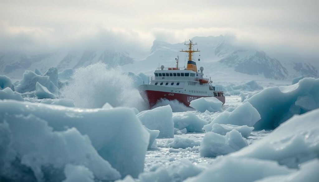 A powerful icebreaker ship navigating through thick Arctic ice, surrounded by dramatic ice formations and frozen landscapes. In the foreground, the ship's bow is breaking through the ice, sending splashes of icy water into the air. The middle layer includes large chunks of sparkling ice, reflecting the soft light of the overcast sky. In the background, towering glacial mountains rise majestically, partially shrouded in mist. The atmosphere is serene yet imposing, emphasizing the raw beauty of the Arctic environment. Shot on a Sony A7R IV at 70mm with a polarizing filter, capturing sharp details and contrasts. The lighting is soft and diffused, enhancing the icy textures and shades of blue and white in the scene. A powerful icebreaker ship navigating through thick Arctic ice, surrounded by dramatic ice formations and frozen landscapes. In the foreground, the ship's bow is breaking through the ice, sending splashes of icy water into the air. The middle layer includes large chunks of sparkling ice, reflecting the soft light of the overcast sky. In the background, towering glacial mountains rise majestically, partially shrouded in mist. The atmosphere is serene yet imposing, emphasizing the raw beauty of the Arctic environment. Shot on a Sony A7R IV at 70mm with a polarizing filter, capturing sharp details and contrasts. The lighting is soft and diffused, enhancing the icy textures and shades of blue and white in the scene.