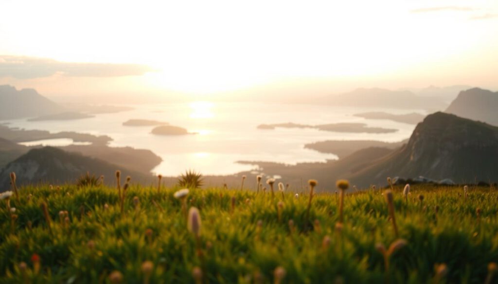 A scenic comparison of the Right to Roam in Norway, Finland, Denmark, and Iceland, depicted through a calm landscape. In the foreground, there are lush green meadows with local flora, symbolizing the accessibility of nature. The middle ground presents a panoramic view of tranquil lakes and mountains unique to each country: the rugged fjords of Norway, serene forests of Finland, coastal cliffs of Denmark, and volcanic landscapes of Iceland. In the background, a soft, golden sunset casts warm light over the scenery, creating a peaceful, inviting atmosphere. The image is shot with a Sony A7R IV at 70mm, ensuring a clearly focused and sharply defined view with a polarized filter enhancing the natural colors and contrasts of the landscapes.