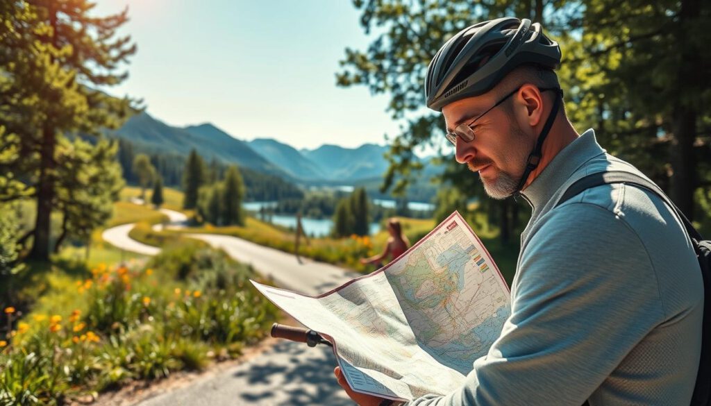 A scenic view for planning a bicycle tour in Sweden, featuring a well-maintained cycling path winding through lush green forests and alongside tranquil lakes. In the foreground, a cyclist in modest casual clothing examines a detailed map with a focused expression. The middle ground showcases a peaceful landscape of rolling hills and bright wildflowers, while the background displays rugged mountains under a clear blue sky. Sunlight filters through the trees, casting dappled shadows on the path. The image is shot with a Sony A7R IV at 70mm, ensuring clear focus and sharp details, enhanced by a polarized filter to enrich colors and contrast, creating an inviting and adventurous atmosphere.