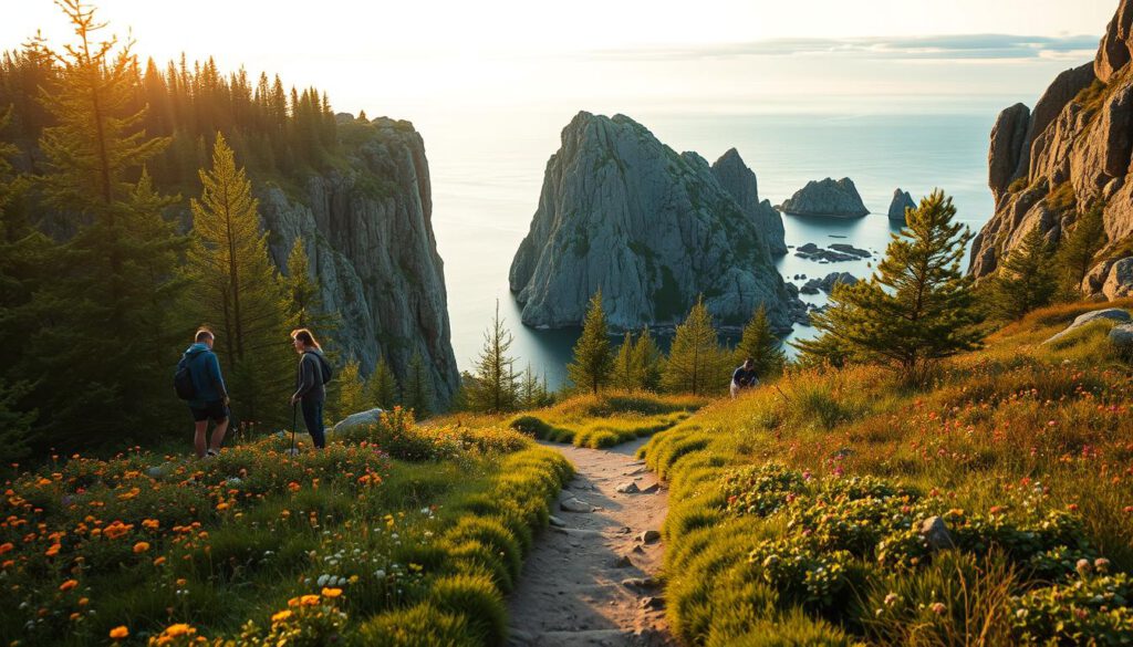 A scenic view of iconic climbing transport routes in the Bohuslän and Kullaberg regions of Sweden, featuring vibrant green forests and rugged cliffs typical of the area. In the foreground, a well-defined path lined with colorful wildflowers leads towards the climbing spots, where climbers in modest casual clothing can be seen preparing their gear. In the middle ground, impressive granite rock faces tower against the sky, some climbers scaling the walls with determination. The background showcases a serene coastal view, with rocky outcrops and calm waters reflecting the soft glow of a golden sunset. The ambiance is tranquil yet adventurous, captured in sharp focus with a Sony A7R IV 70mm lens using a polarized filter for vivid colors.