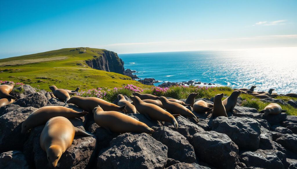 A scenic view of the Kullaberg Peninsula, featuring playful seals basking on rocky shores under a bright blue sky. In the foreground, a group of seals lounges on sun-warmed boulders, their smooth, glistening fur contrasting with the rugged textures of the rocks. The middle ground showcases the vibrant green cliffs of the peninsula, dotted with patches of colorful wildflowers swaying gently in the breeze. In the background, expansive waters shimmer under the sunlight, with small waves lapping against the shoreline. Shot on a Sony A7R IV 70mm with a polarized filter, the composition captures sharp details and vibrant colors, evoking a sense of tranquility and connection with nature. The atmosphere is peaceful, inviting viewers to appreciate the beauty of wildlife in its natural habitat.